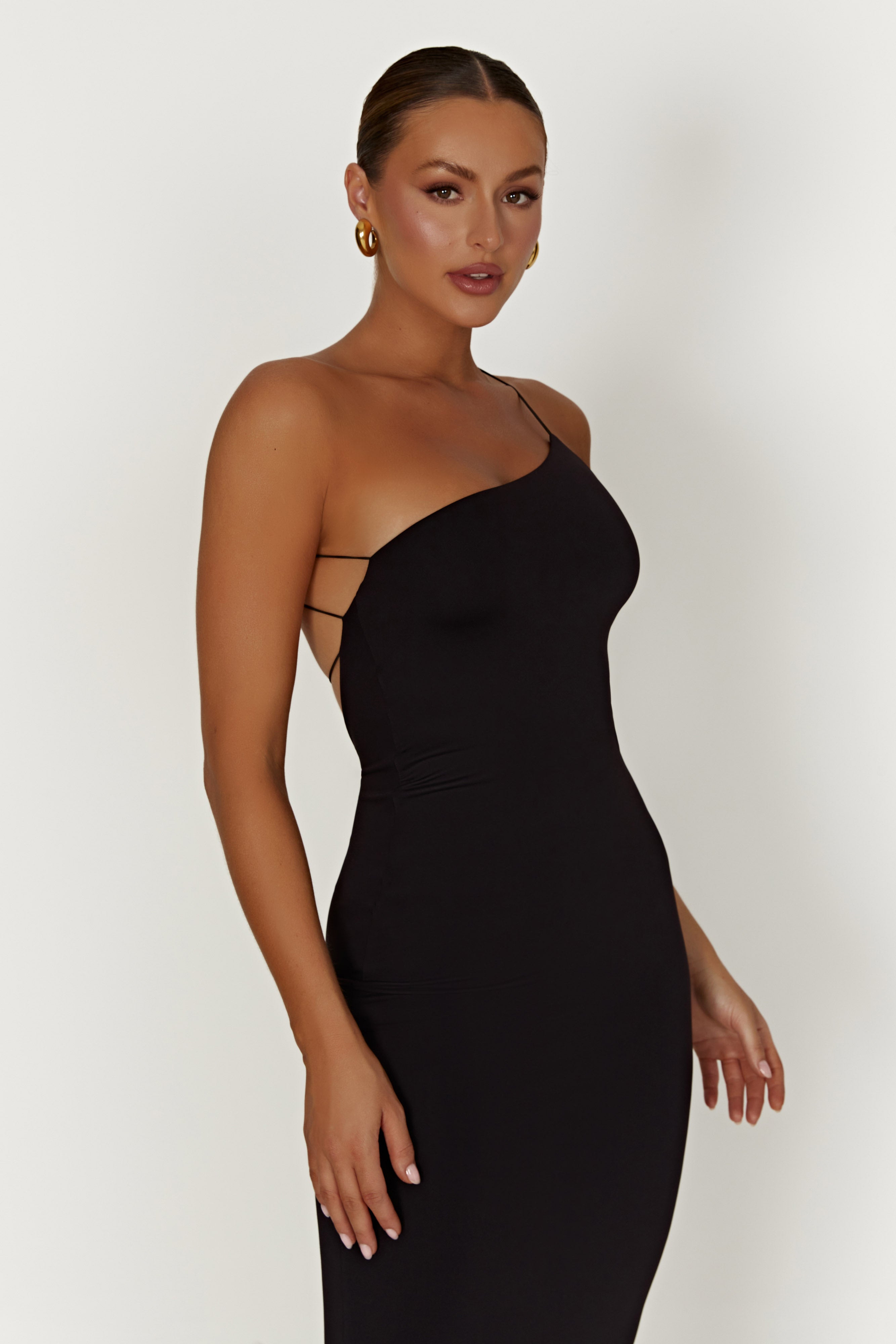 Rosalind Recycled Nylon One Shoulder Midi Dress - Black