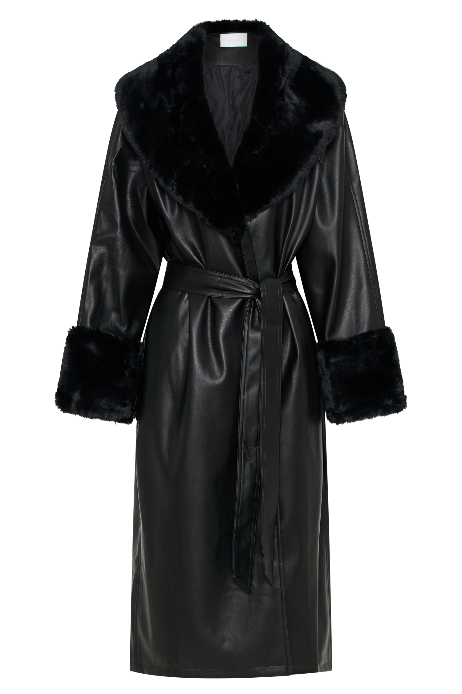 Rebekah Oversized Pu Trench Coat With Fur Trim - Black