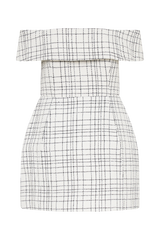 Helena Tweed Off Shoulder Mini Dress - White Check