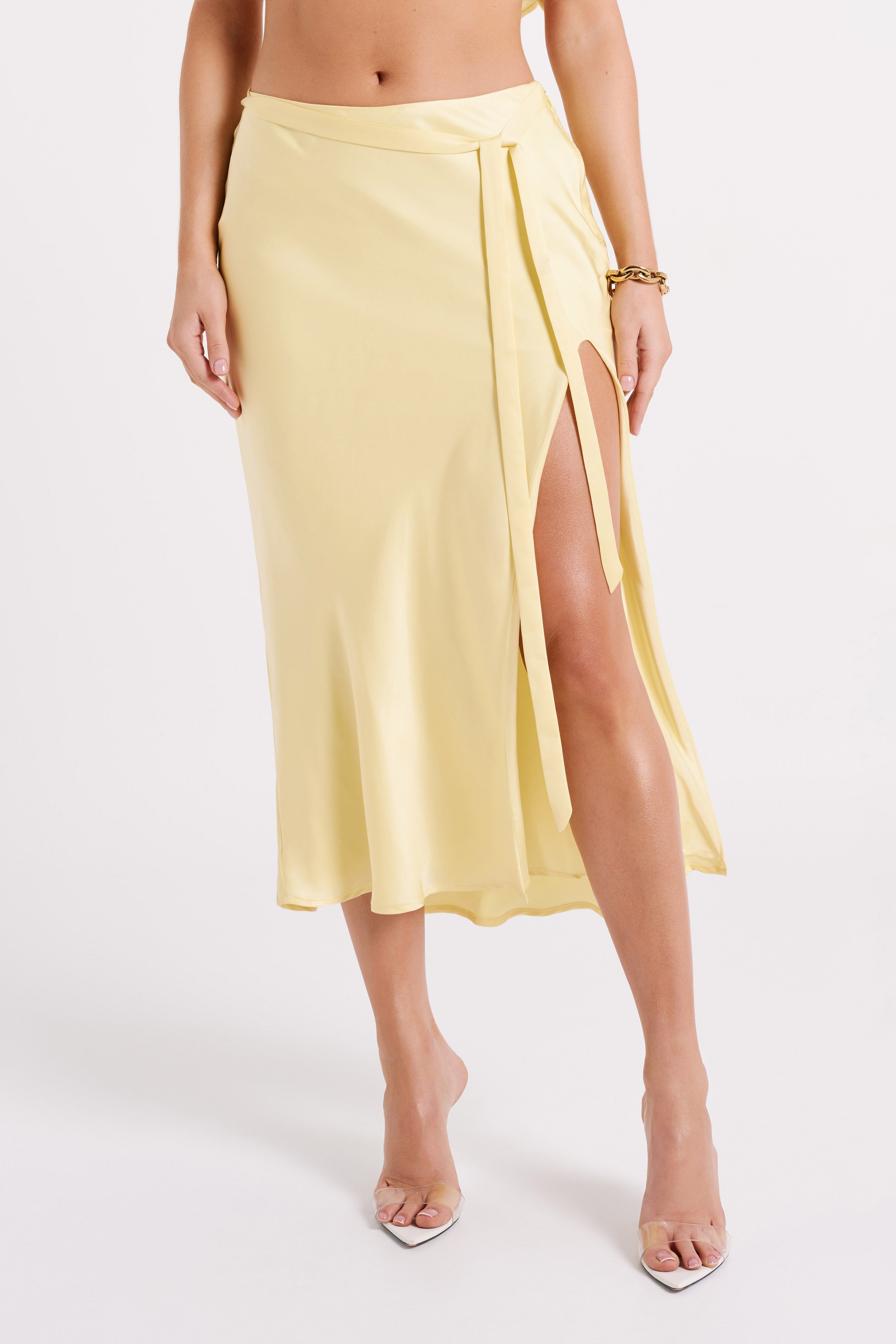 Edie Satin Midi Skirt With Tie - Yellow